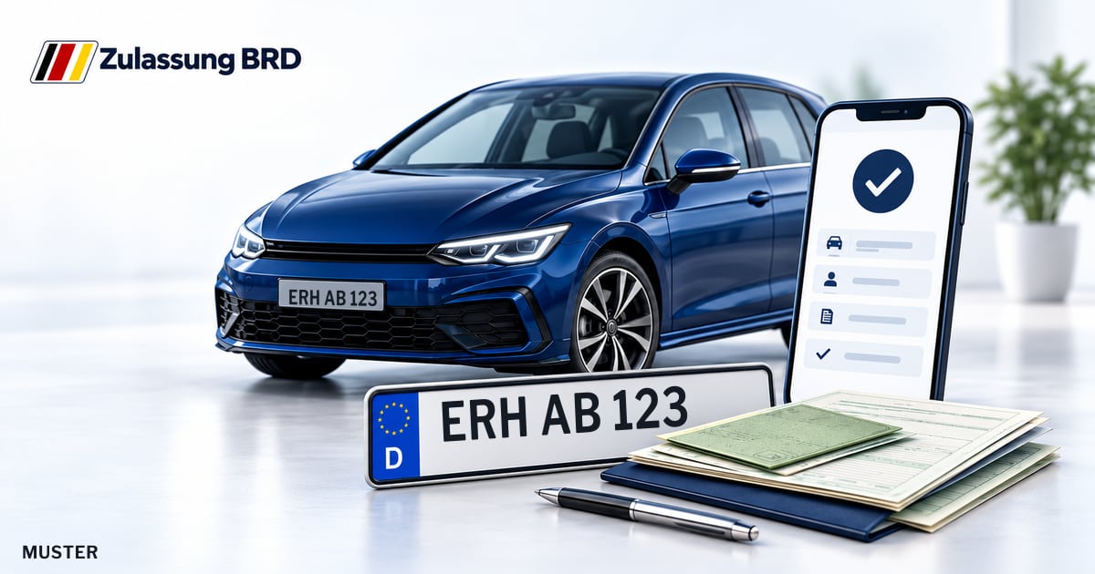 Online Fahrzeugzulassung in Herzogenaurach: Musterkennzeichen ERH AB 123, Auto und Fahrzeugpapiere und Smartphone. Illustration mit Logo von Zulassung BRD.
